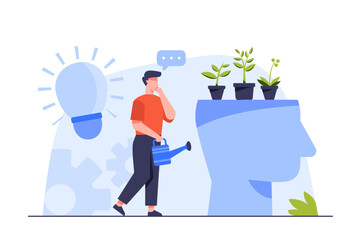 Education is like cultivating wisdom. A young man holds a watering can to water the plants. © Johnstocker