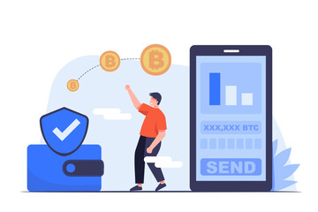 Money transfer online payment. Coins moving from one mobile phone to other and wallet.