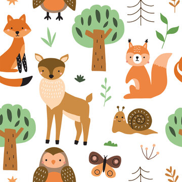 Seamless forest pattern with cute animals. Vector illustration for nursery and textile decoration