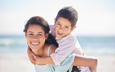 Piggyback, mother or portrait of kid on beach together on a fun summer holiday vacation with smile. Affection, lovely parent or happy boy child bonding or hugging mom at sea or nature on weekend trip