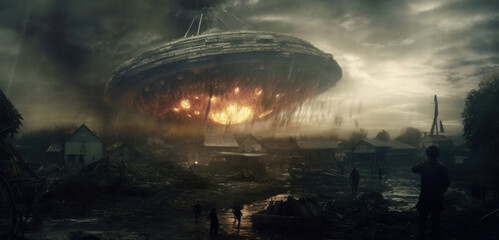 Fototapeta na wymiar UFO, alien spaceship crashes over the city. Generative AI
