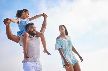 Piggyback, sea or parents walking with a child for a holiday vacation together with happiness in...
