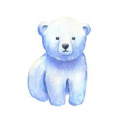 Baby polar bear. Watercolor hand drawn illustration isolated on white. North animal.