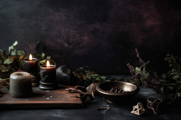 Wiccan accessories: candles, witchcraft talismans, herbs and amulets. Photorealistic illustration generative AI.