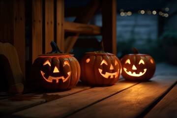 Fototapeta premium Jackie lantern pumpkins stand on the porch of the house. Halloween night. Photorealistic illustration generative AI.