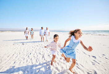 Excited, beach or happy children running or playing in summer with happiness or joy in nature. Kids, lovely girl or young boy bonding with a happy girl or playful sister walking as a family together