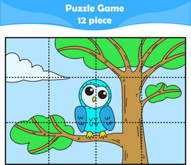 Funny owl. Puzzle games for kids. 12 piece. Child education. Vector illustration