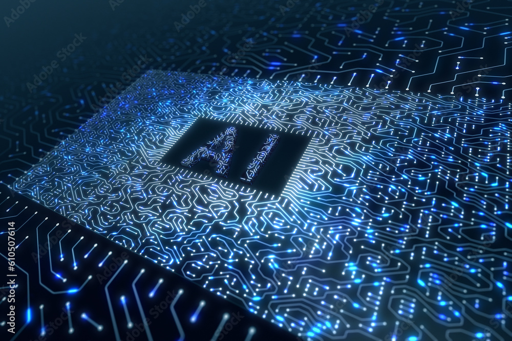 Aufkleber computer motherboard with ai chip and circuits in digital cyberspace. concept future technology and 