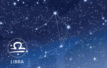 Libra constellation in the blue night sky, zodiac sign on blue background, astrology banner for horoscope, modern astronomy map, mystical vector illustration. © Salomi art
