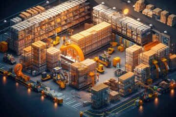 Huge distribution warehouse with high shelves and loaders. Generative AI