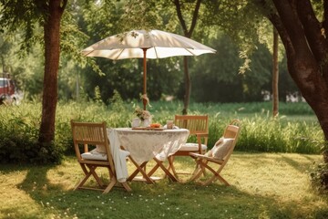 Obraz premium Cafe table with chair and parasol umbrella in the garden. Generative AI