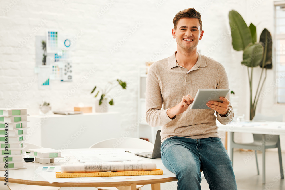 Poster Architecture, smile and portrait of man with tablet in office for engineering, internet and buildings. Digital, construction and creative with designer for project management, website and technology