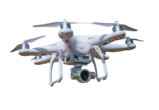 Flying White Unmanned Aerial Vehicle Drone isolated on Transparent Background. Png Cutout. Generative Ai