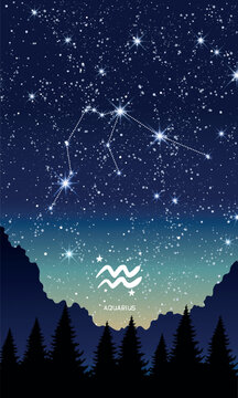 Aquarius horoscope constellation in the night sky, zodiac sign, vertical background for stories. Astrological chart, fortune teller, astronomical calendar. Modern realistic vector illustration.