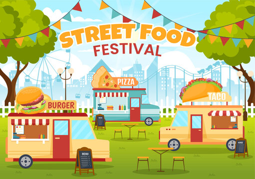 Street Food Festival Event Vector Illustration with People and Foods Trucks in Summer Outdoor City Park in Flat Cartoon Hand Drawn Templates
