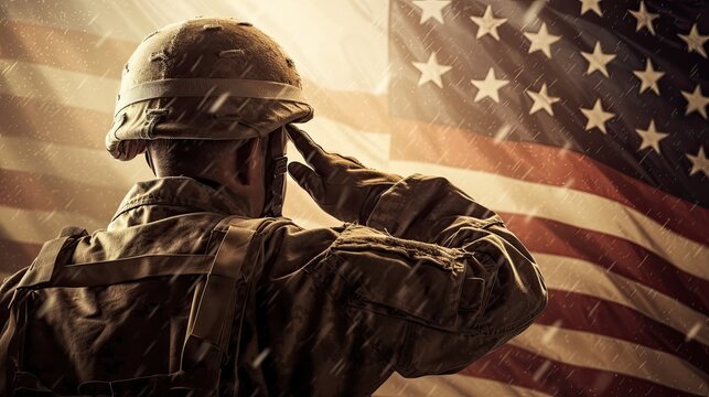 AI generated photo of an American soldier saluting the flag of the United States of America.