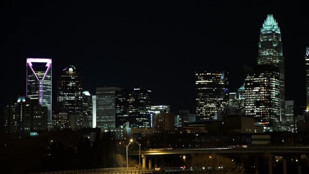 Lockdown Shot Of Illuminated Skyscrapers In City At Night - Charlotte, North Carolina