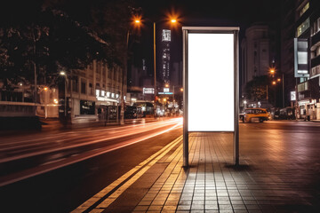 Fototapeta na wymiar Blank white vertical digital billboard poster on city street bus stop sign at night, blurred urban background with skyscraper, people, mockup for advertisement, marketing- Generative ai.