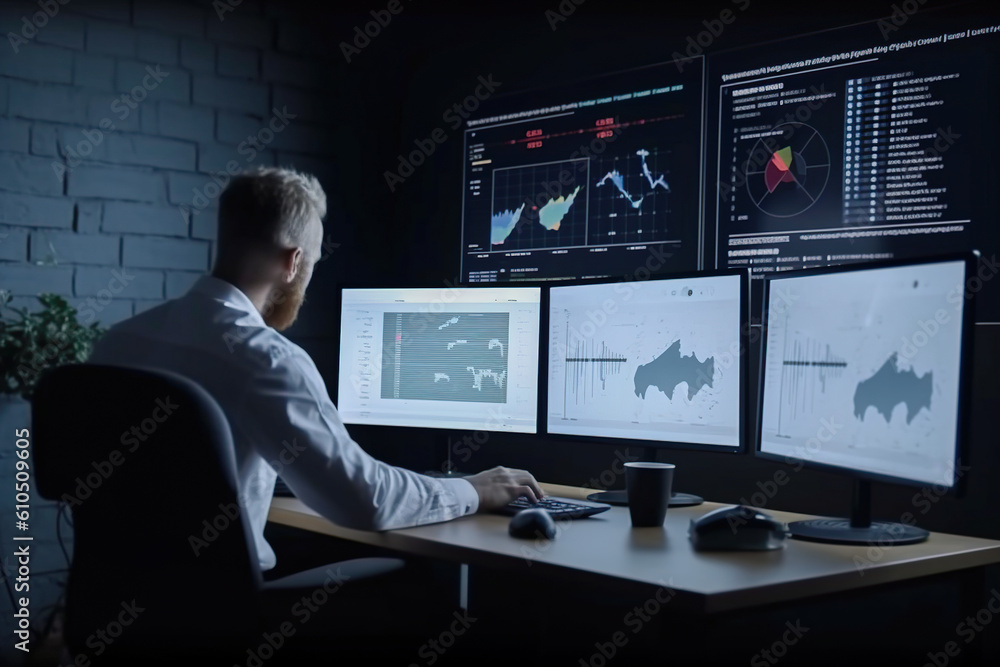Poster businessman analyzing financial data on multiple computer screens in dark office. generative ai