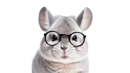 close-up of a chinchilla wearing small glasses isolated on a transparent background
