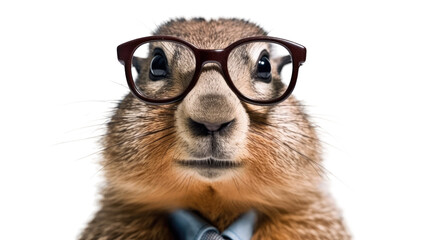 close-up of a groundhog wearing small glasses isolated on a transparent background