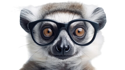 close-up of a lemur wearing small glasses isolated on a transparent background