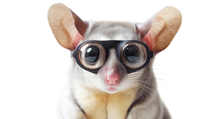close-up of a sugar glider wearing small glasses isolated on a transparent background