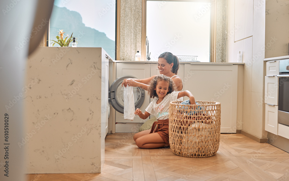 Wall mural Cleaning, teamwork and washing machine with mother and daughter for helping, learning and cleaner. Housekeeping, laundry and basket with woman and young girl in family home for teaching and clothes