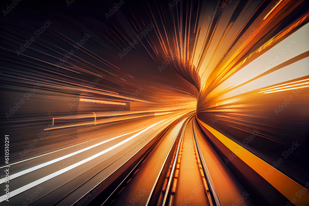 Poster motion blur of high speed train moving fast in tunnel, abstract background. generative ai