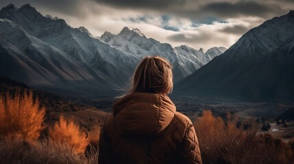 Fototapeta na wymiar A woman looking into the stunning mountain range, Generative AI