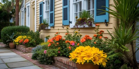 Fototapeta na wymiar Wall exterior siding house architecture sidewalk and multicolored yellow flowers in planter as decorations in Charleston, South Carolina