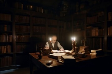 Man alone reading a book in the big library. Books day created with Generative AI technology