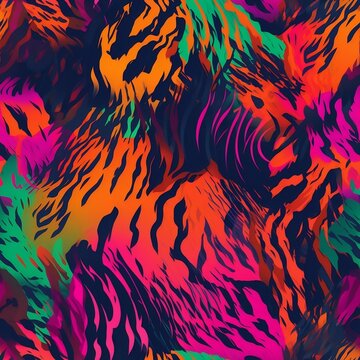 Seamless pattern of colorful neon tiger stripes created with Generative AI technology