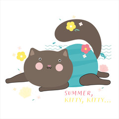 Summer Time Cute Cat. Design for Web, Mobile, Card, Sticker, T-Shirt, Textile Shopper Bag and Other Garment.
