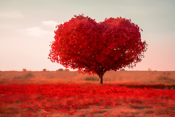 Naklejka na ściany i meble Valentine's day background with red heart-shaped tree in the field. Generative AI