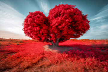 Fototapeta na wymiar Valentine's day background with red heart-shaped tree in the field. Generative AI