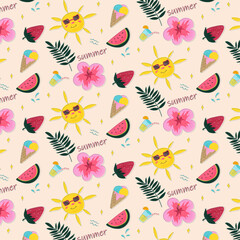 summer pattern with sun, watermelon, dragonfly and other elements
