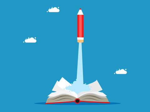 Knowledge development. pencil rocket flies with the power of a book vector