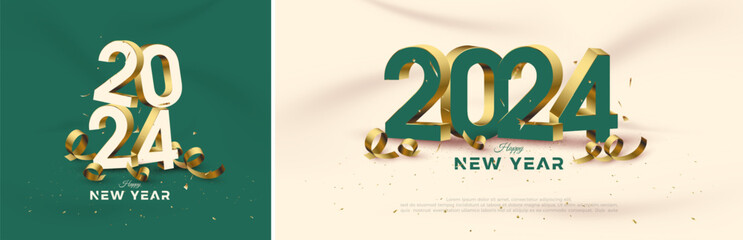 Happy new year 2024 design. With golden realistic 3d numerals vector. premium vector design for 2024 happy new year greeting and celebration. - obrazy, fototapety, plakaty