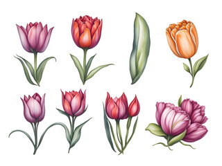 set of watercolor tulip on transparent background, generative ai