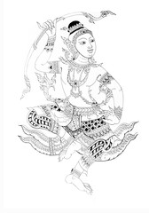 Male character line art in Thai art style. Hand drawn. On a white background.