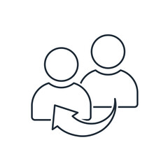 Two people and a transfer arrow between them.To convey, to share an idea, a skill, an impression.Vector linear icon isolated on white background.