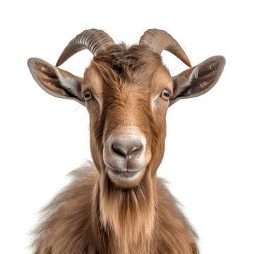 Adult goat with horns isolated on white background cutout