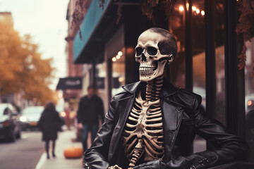 Skeleton in a black jacket on halloween street. Generative AI