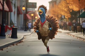 Character dressed as a turkey runs down the street with a marathon. Generative AI