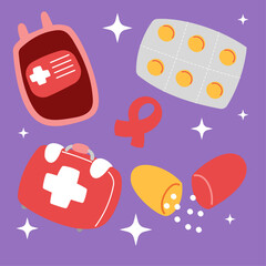 Cute medical sticker set. Hand drawn healthcare cartoon doodle blood bag medicine capsule tablet. Bundle of nursery kid graphic print for hospital clinic pharmacy emergency doctor vector