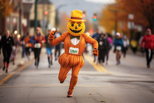 Character dressed as a pumpkin runs down the street with a marathon. Generative AI