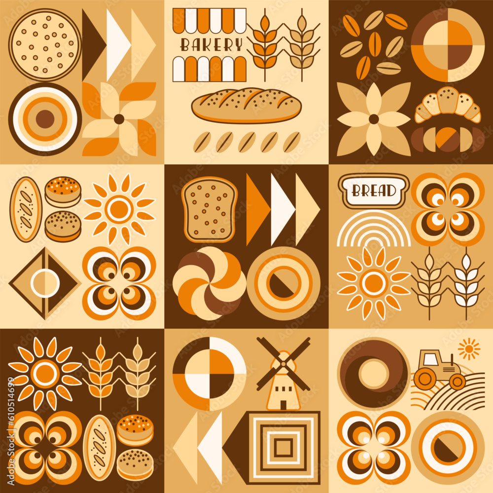 Poster bread, bakery theme background with icons, design elements in simple geometric style seamless patter