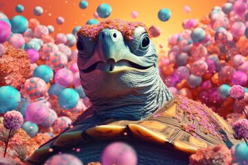 Tortoise surrounded by colorful balls and flowers. Created with Generative AI tools