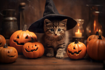 Cute kitten in a witch's hat with halloween pumpkins on a table. Generatiive AI